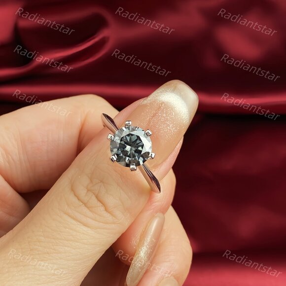 NEW Certified 2 ct. t.w. Grey Moissanite Solitaire 6 Prong Ring - Picture 7 of 8
